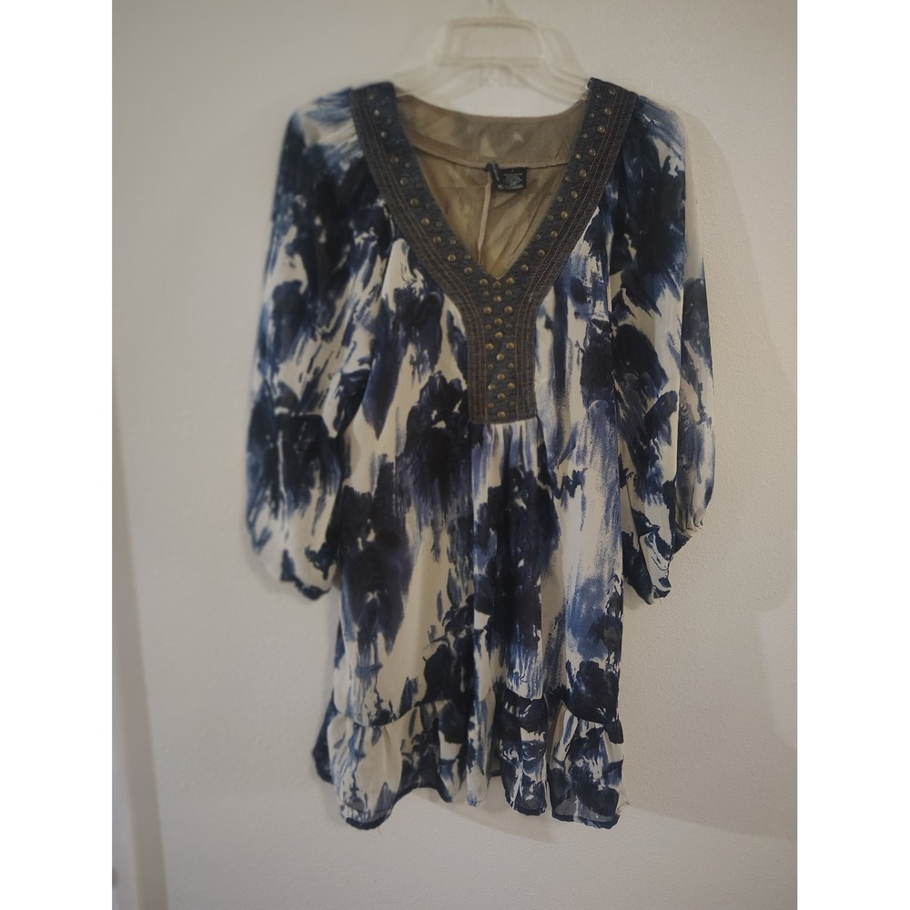 New Direction Blue White Abstract Studded V-Neck Boho Tunic Top Large